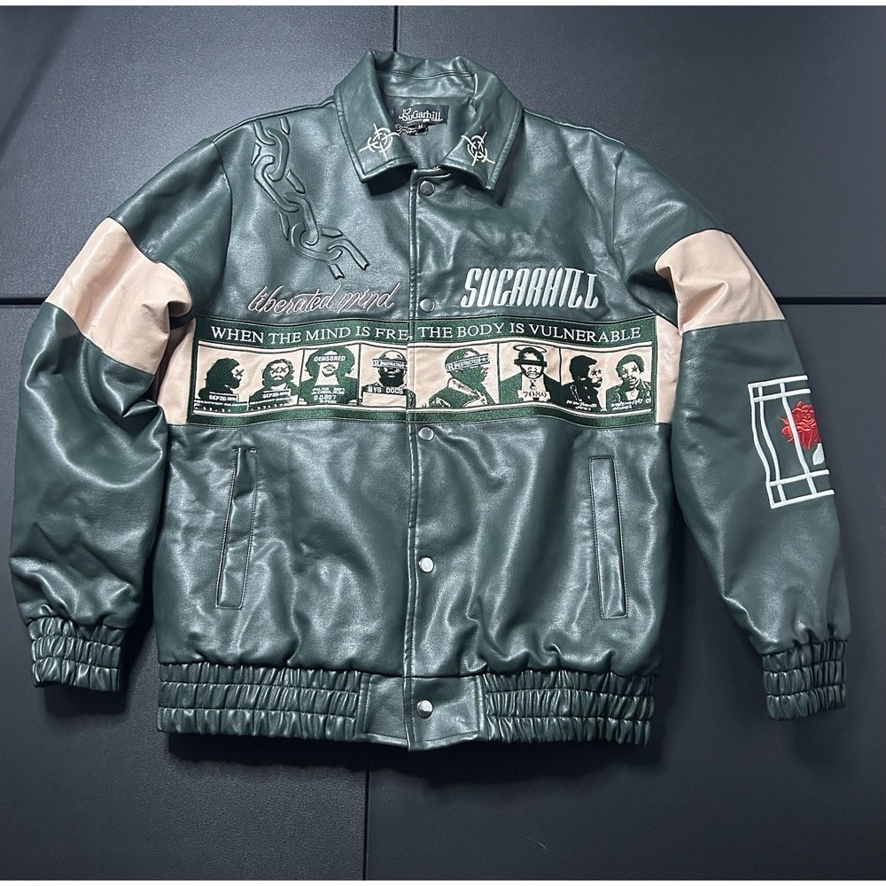 Sugarhill LA "LIBERATION" Leather Jacket Mens Medium Dark Green/Coral